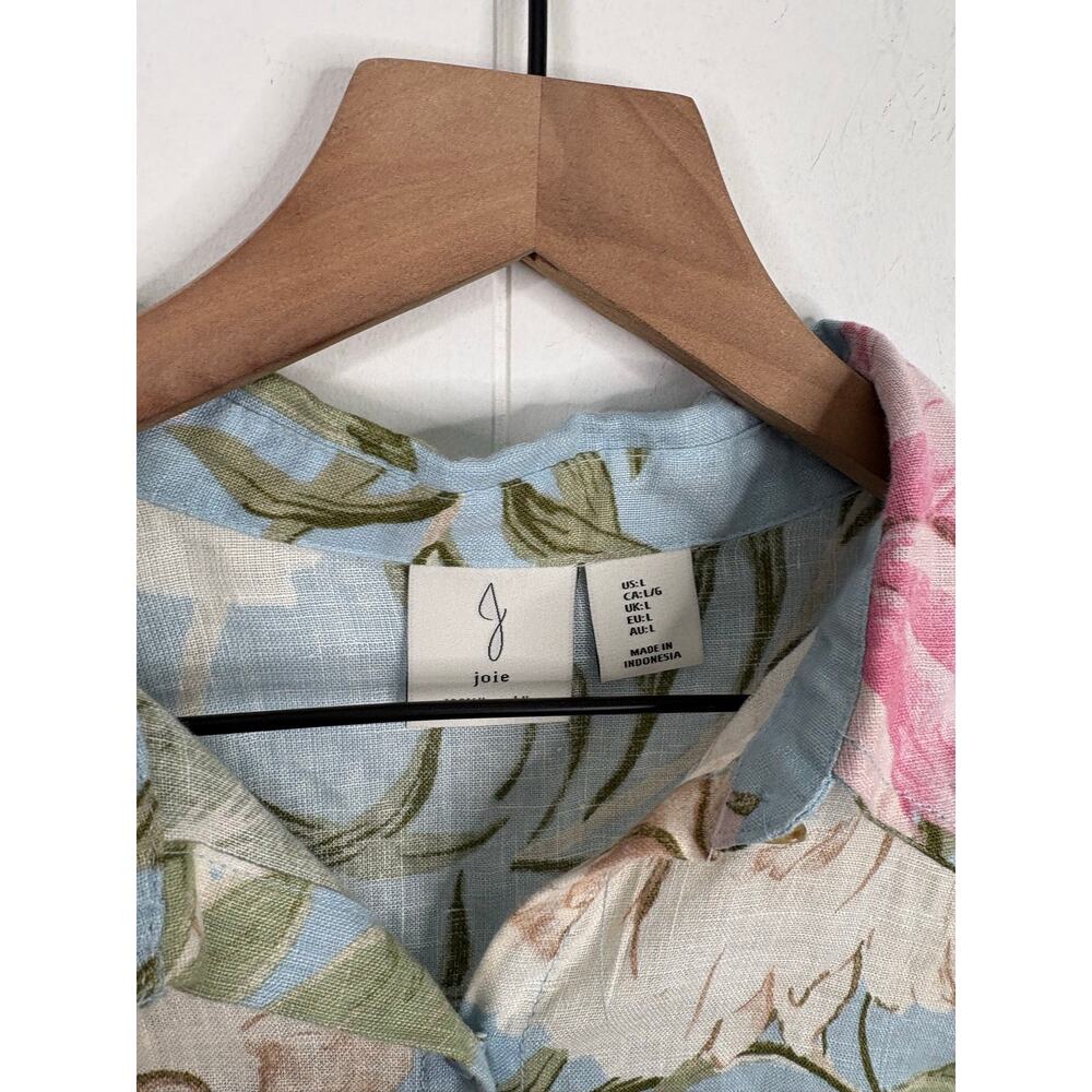 Joie 100% Linen Tropical Leaf Floral Button Up Top Large Light Blue Vacation - Picture 8 of 8